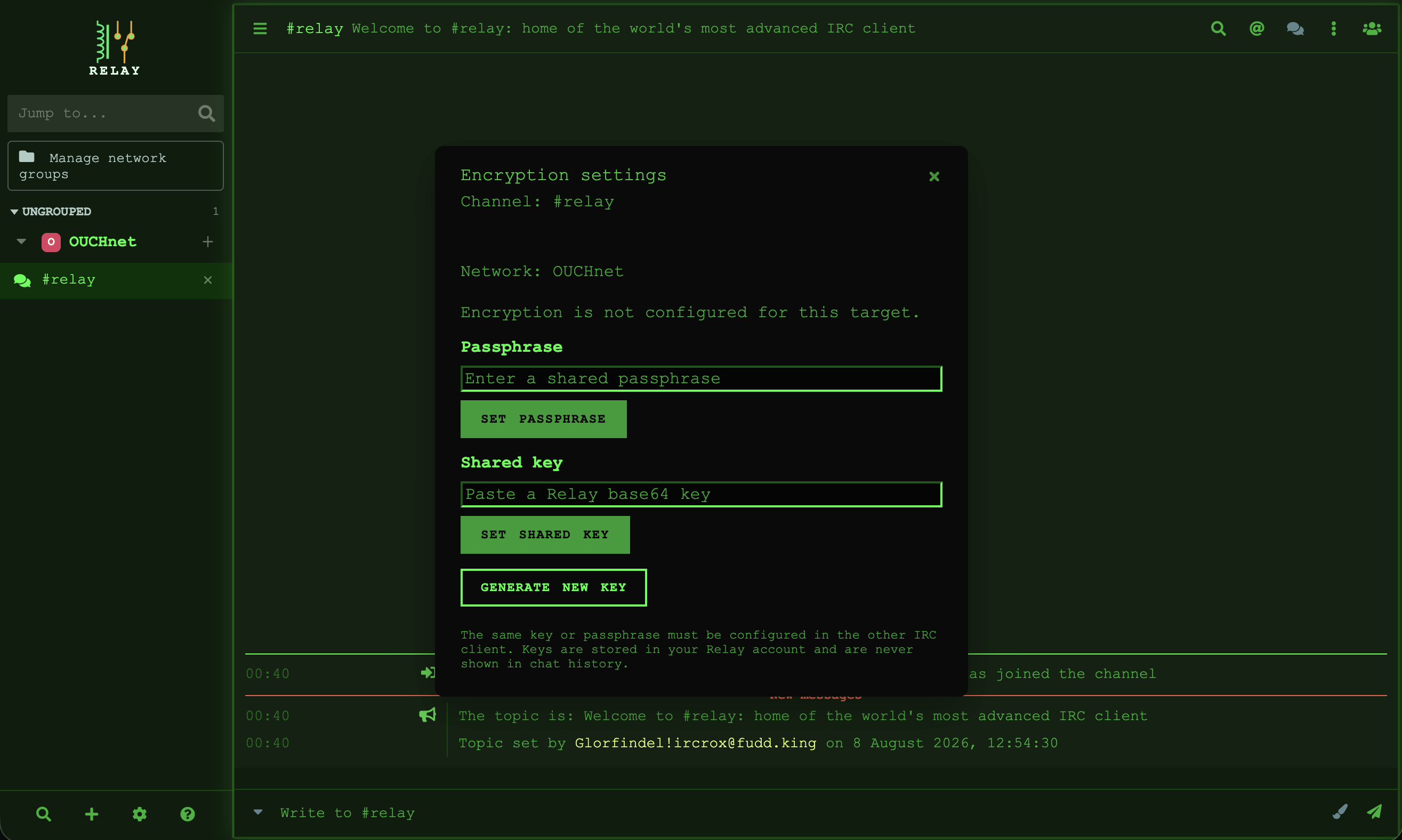 Relay Encryption settings dialog for the #relay channel, showing passphrase, shared key, and key generation controls.