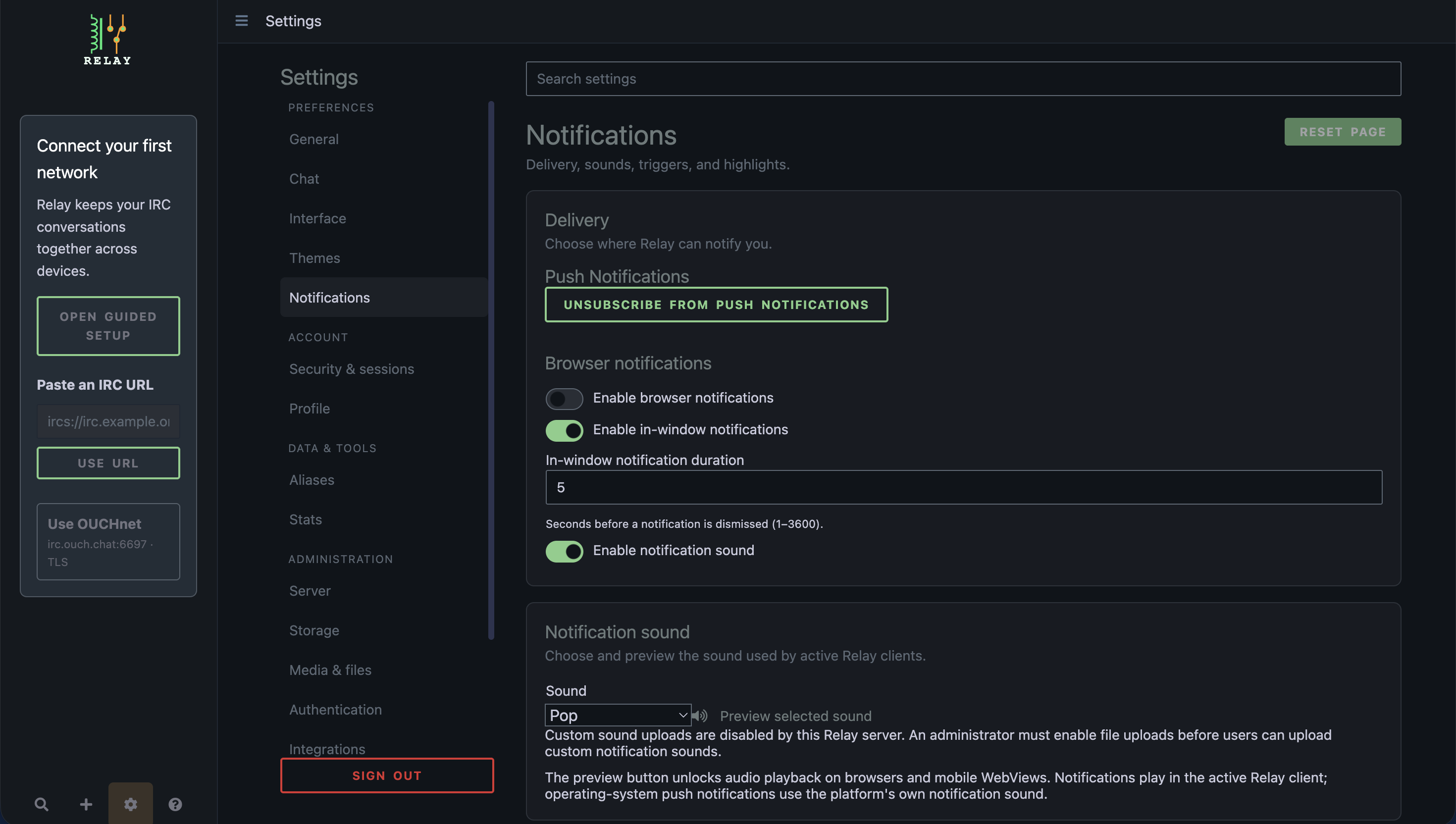 Relay Notifications settings showing push notifications, browser notifications, and per-message-type alert controls.